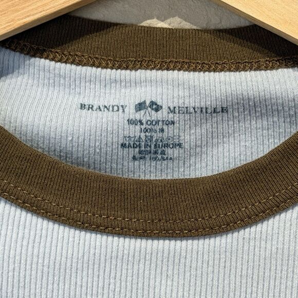 Brandy Melville Bella Top Colorblock Ribbed Long Sleeve Tee Crop Blue Brown Y2K - Picture 4 of 6